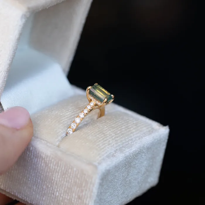Anueva Jewelry 167ct Emerald Cut Green Opalescent Sapphire Hidden Halo Solitaire with French Set Diamonds in 18k Yellow Gold Earrings