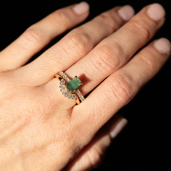 Anueva Jewelry 167ct Emerald Cut Green Opalescent Sapphire Hidden Halo Solitaire with French Set Diamonds in 18k Yellow Gold Earrings